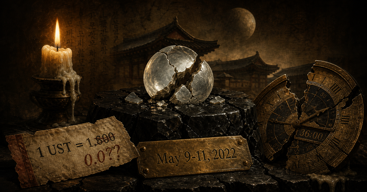 Luna 36 小时崩盘寓意 · 碎裂的银色月光宝石、撕开的 UST=1.000 票据、背景韩国韩屋剪影、冻结的天文钟