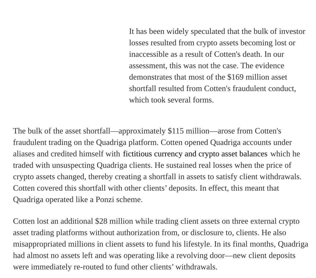 安大略证券委员会 QuadrigaCX 报告网页版 Executive Summary 截图，英文段落写着外界普遍猜测损失源于 Cotten 去世导致加密资产丢失或无法取用、报告评估并非如此，下一段说明约 1.15 亿缺口来自平台上的欺诈性交易并称其运作如同庞氏骗局，再下一段写另有 2,800 万在三家外部平台亏掉、平台末期像旋转门