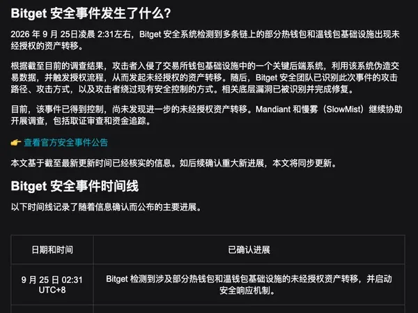 Bitget 官方安全事件说明页面截图，显示事件经过的三段文字和时间线表格第一行：9 月 25 日 02:31 UTC+8 检测到未经授权资产转移